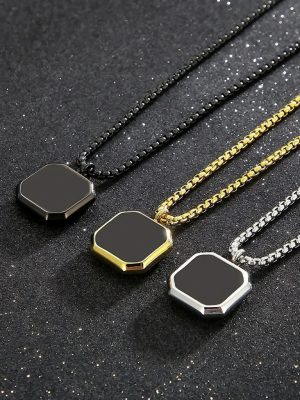 Men’s Hexagon Pendant Necklace – Black Onyx Style, Stainless Steel Chain (Gold, Silver, Black)