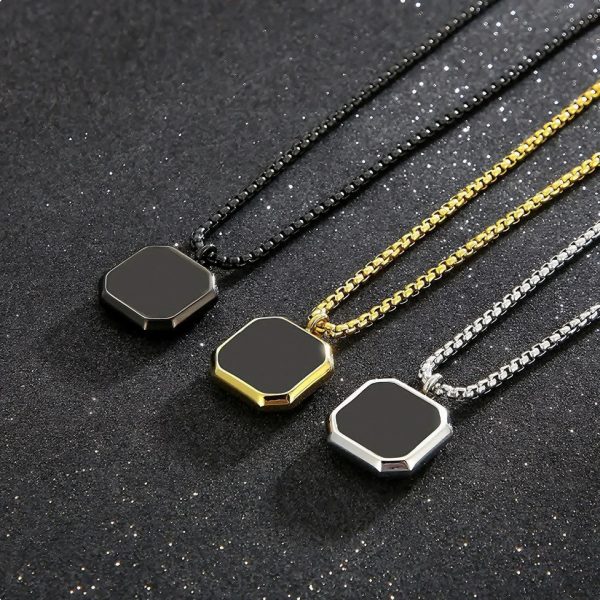 Men’s Hexagon Pendant Necklace – Black Onyx Style, Stainless Steel Chain (Gold, Silver, Black)